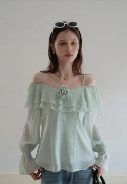 Off Shoulder Blouse with Ruffled Layers and Floral Embellishment