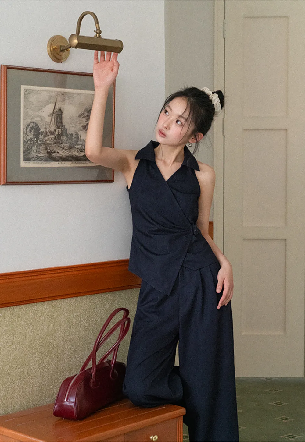 Sleeveless Collared Top with Wrap Detail and Wide Leg Pants