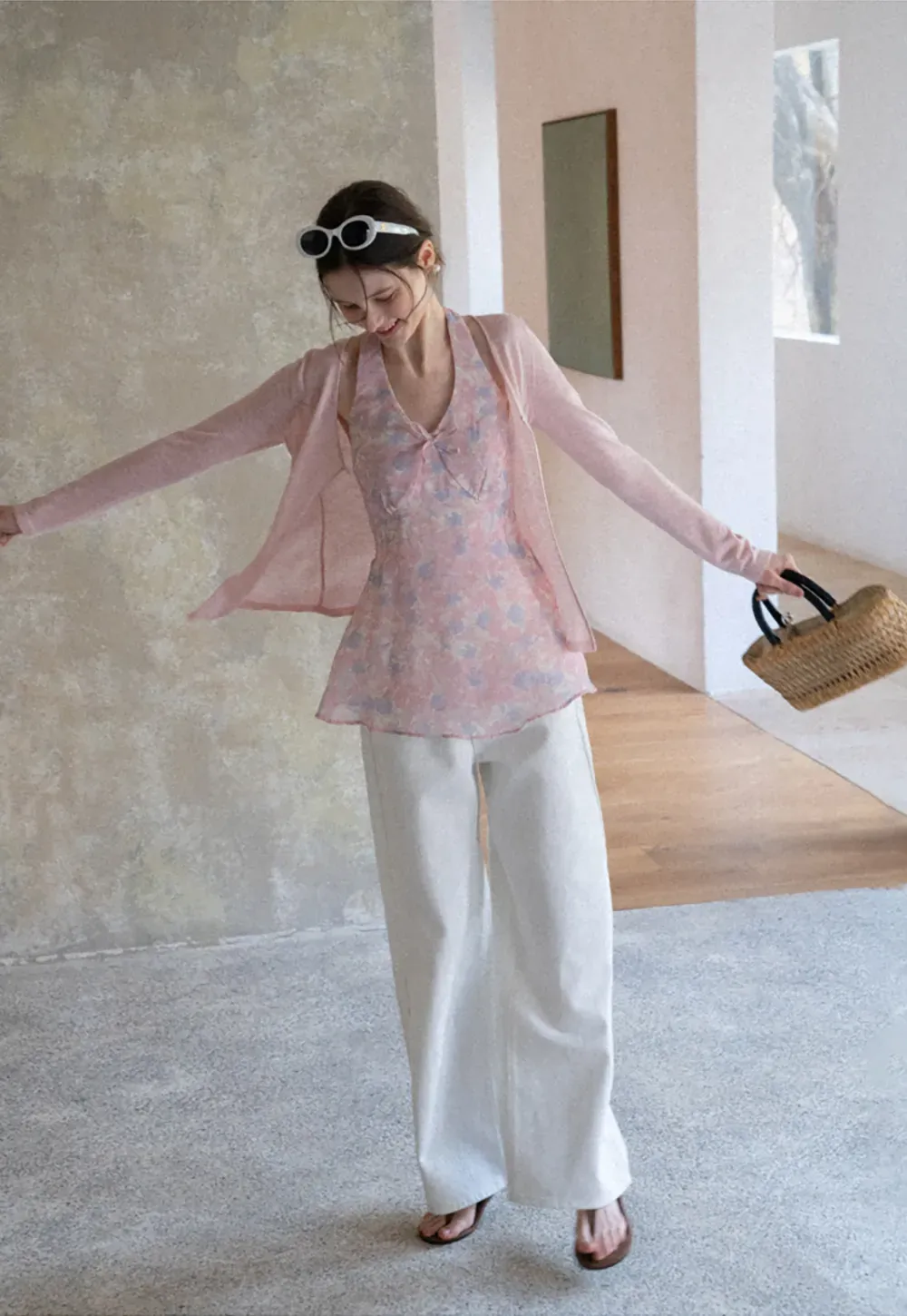 Woolen knit sweater with tie front and floral tank top