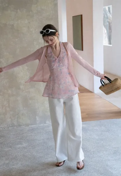 Woolen knit sweater with tie front and floral tank top