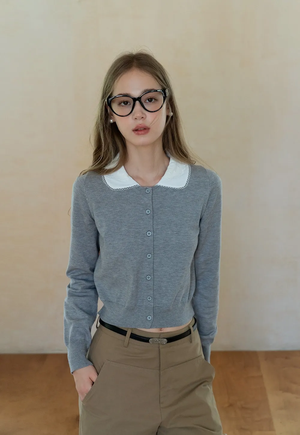 Womens Knit Cardigan with White Peter Pan Collar