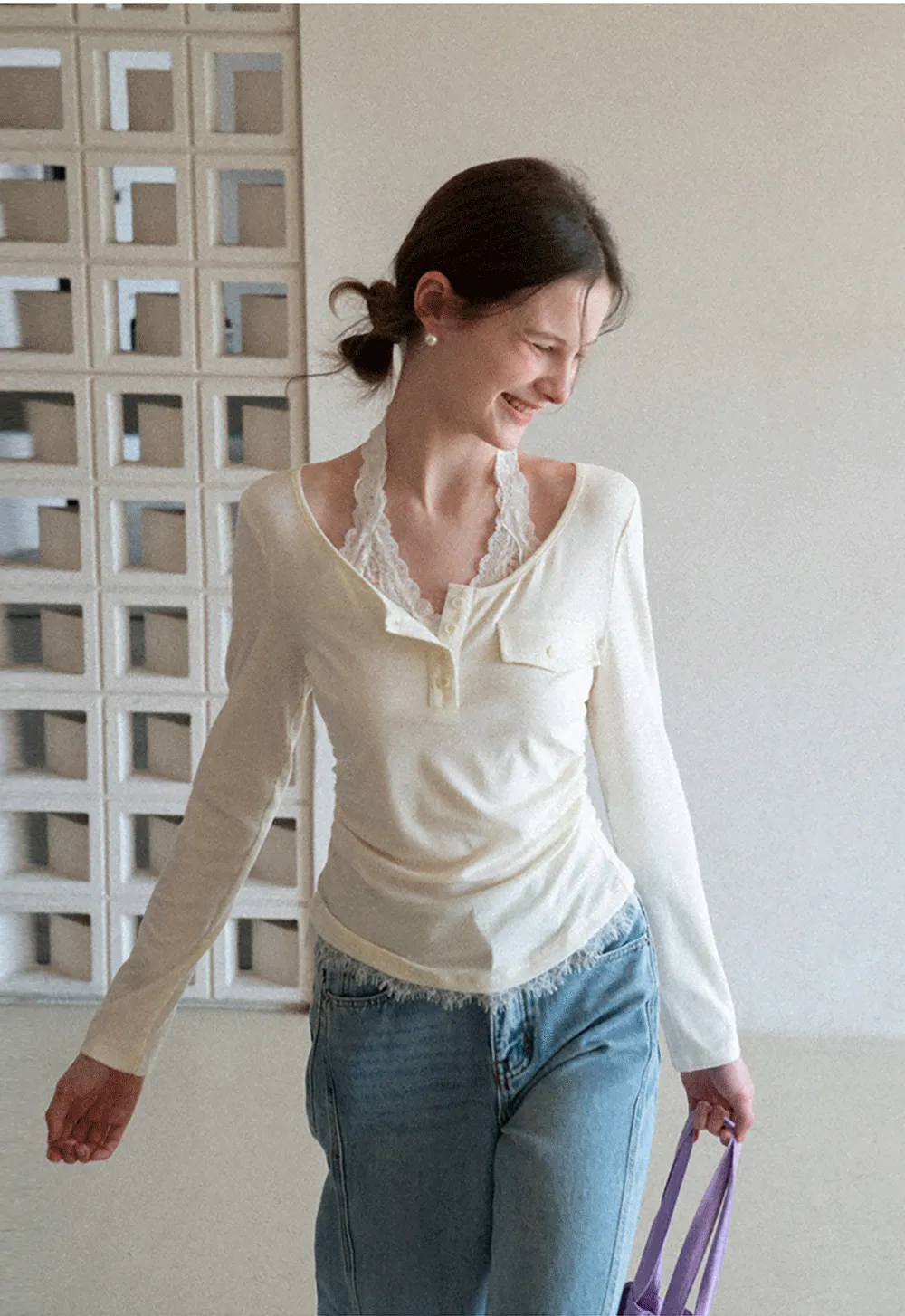 Long sleeve Henley top with lace trim