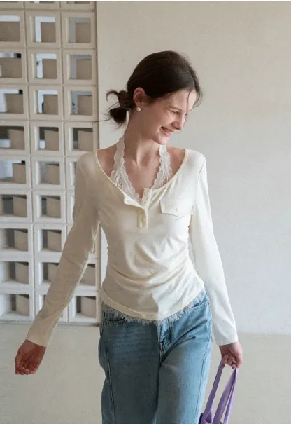Long sleeve Henley top with lace trim