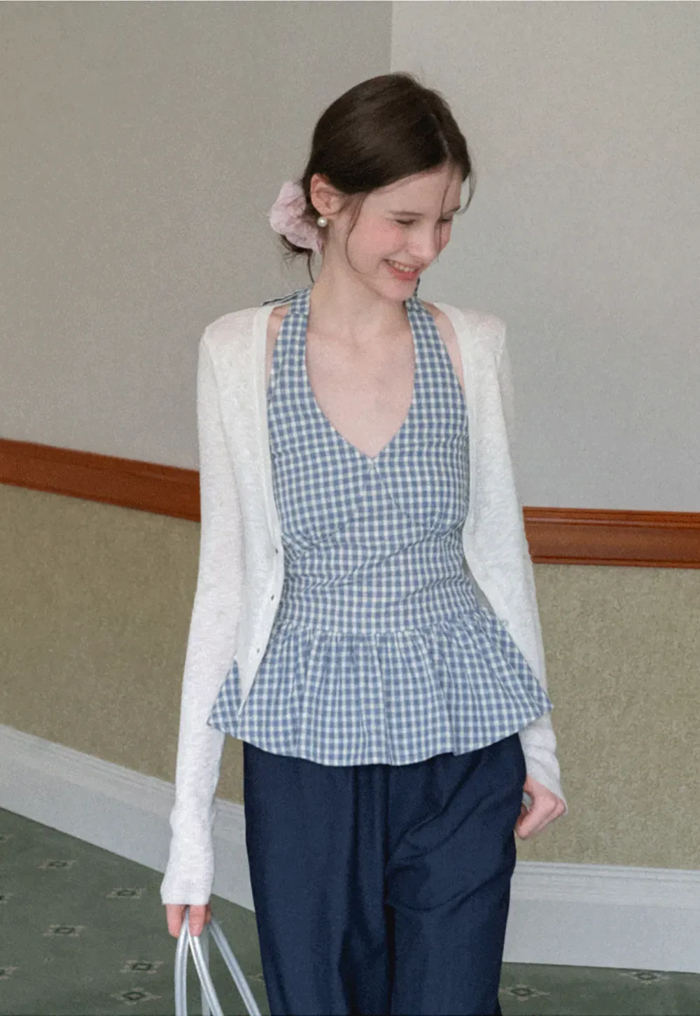 Strapless top with sheer neck tie and loose fit pants