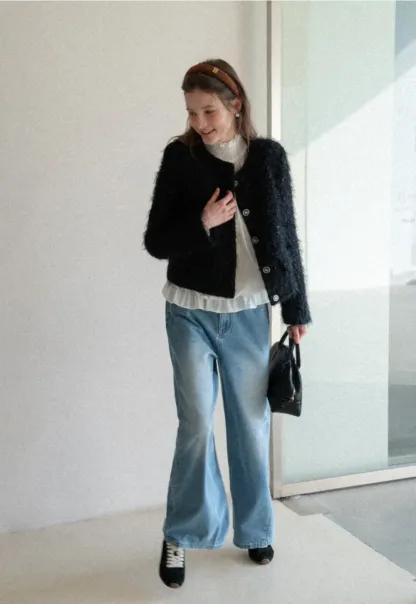 Fuzzy Knit Short Jacket with Button Detail