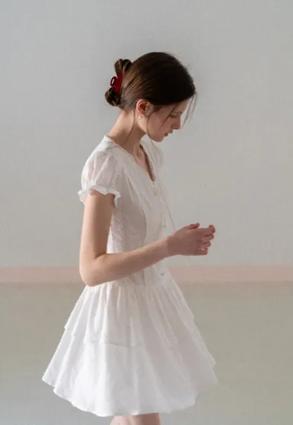 Eyelet Lace Dress with Puffed Sleeves and Tiered Skirt