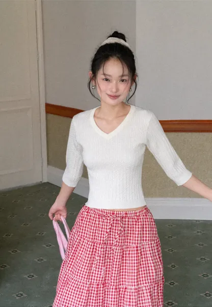 V Neck Ribbed Knit Crop Top