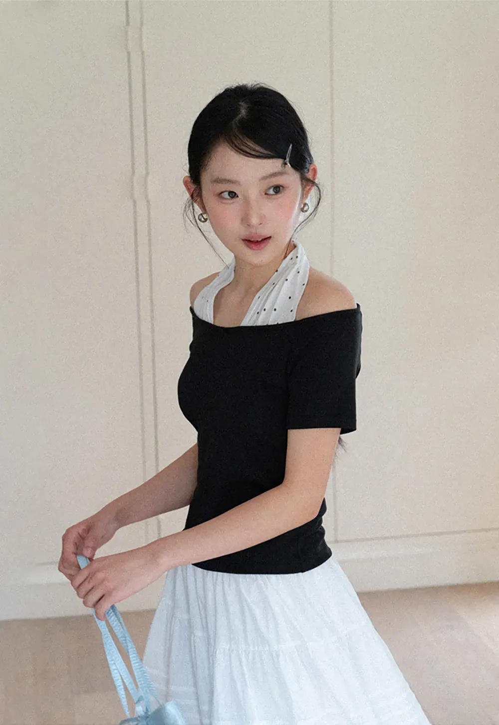 Off shoulder short sleeve top with halter neck detail