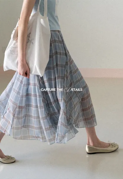 Pleated Plaid Midi Skirt with Asymmetrical Hem