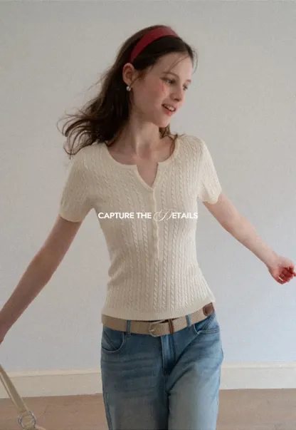 Cable Knit Short Sleeve V Neck Sweater