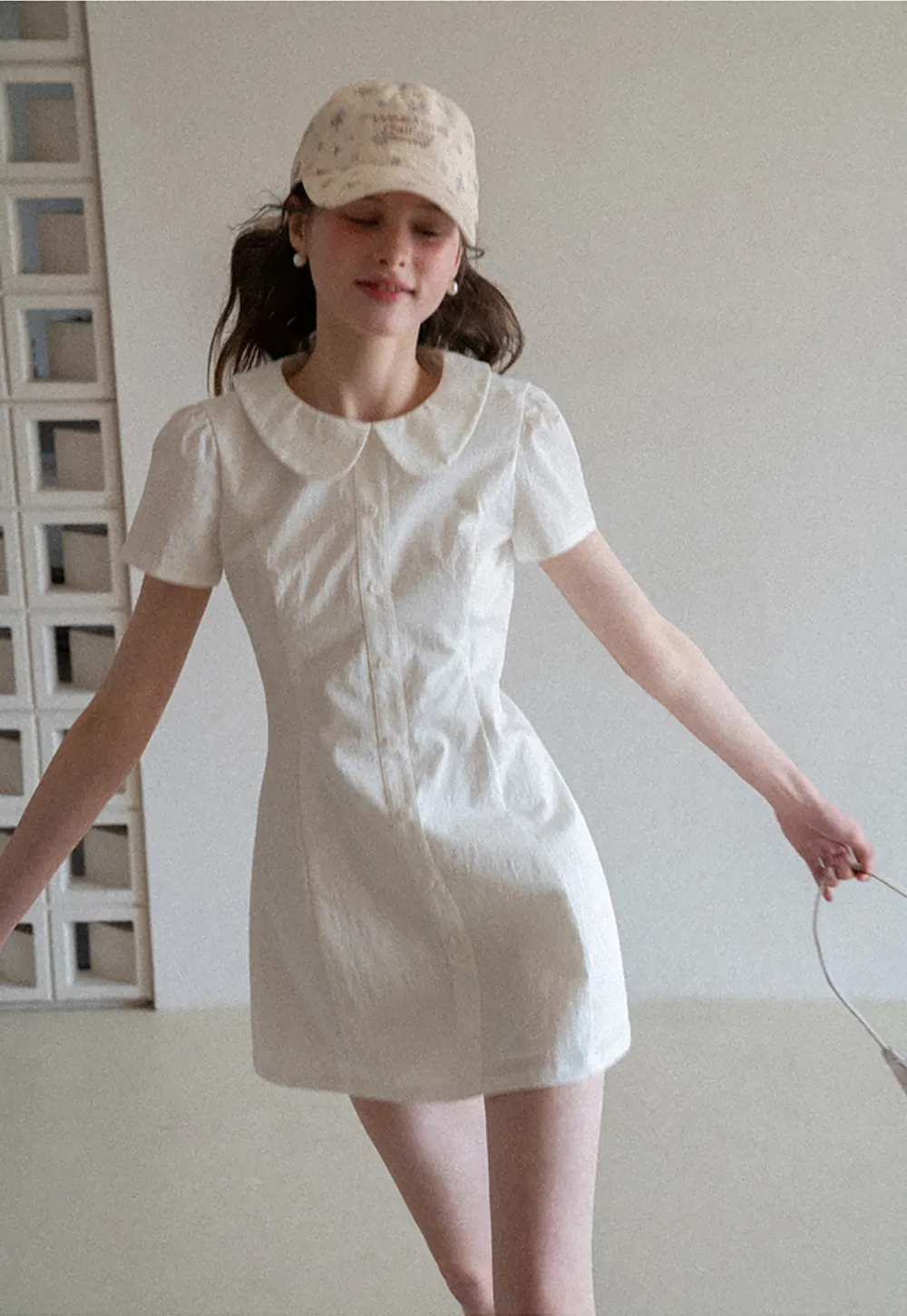 Button Front Dress with Peter Pan Collar and Short Sleeves