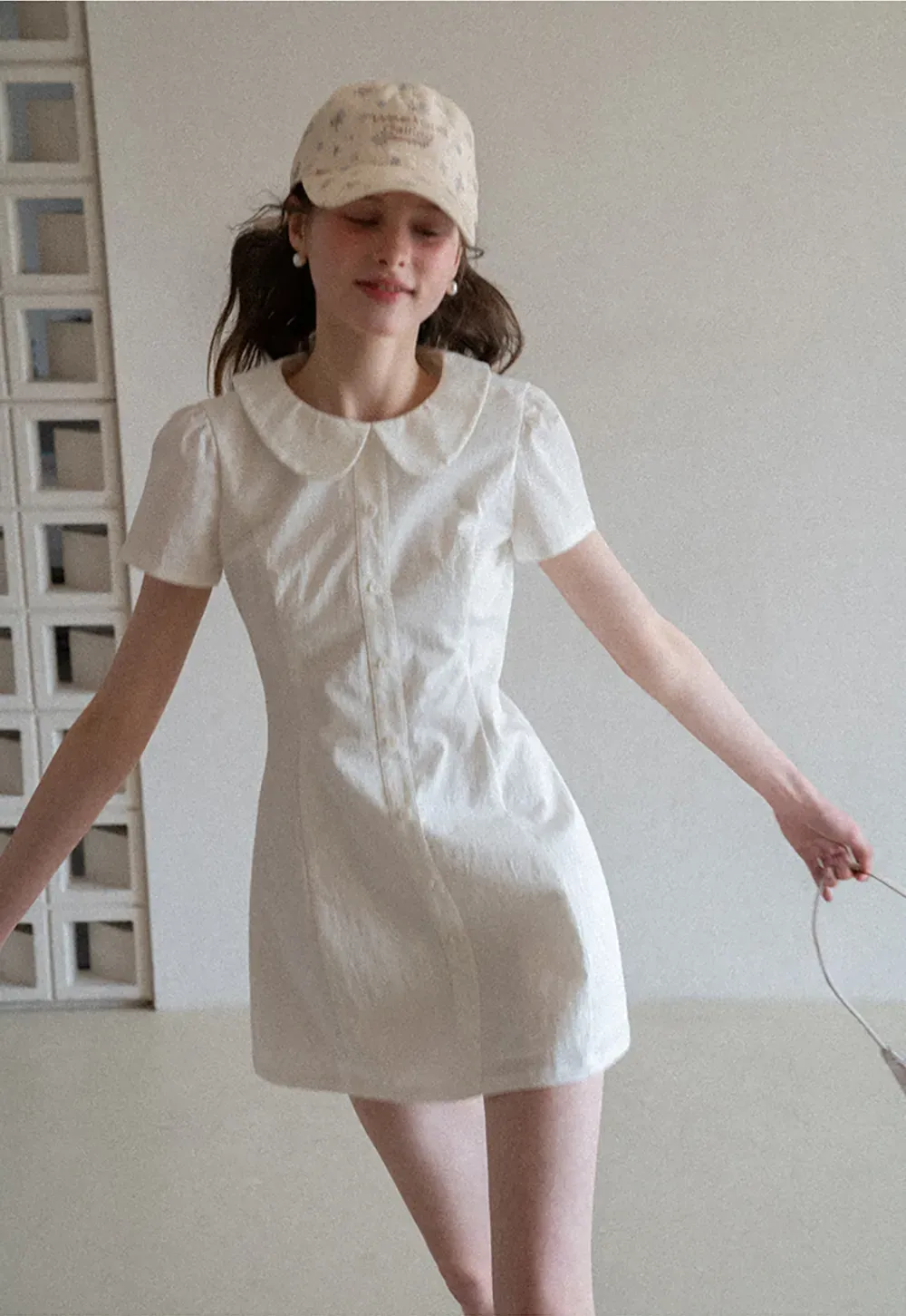 Button Front Dress with Peter Pan Collar and Short Sleeves