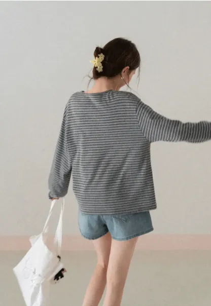 Long sleeve striped henley shirt with chest pocket