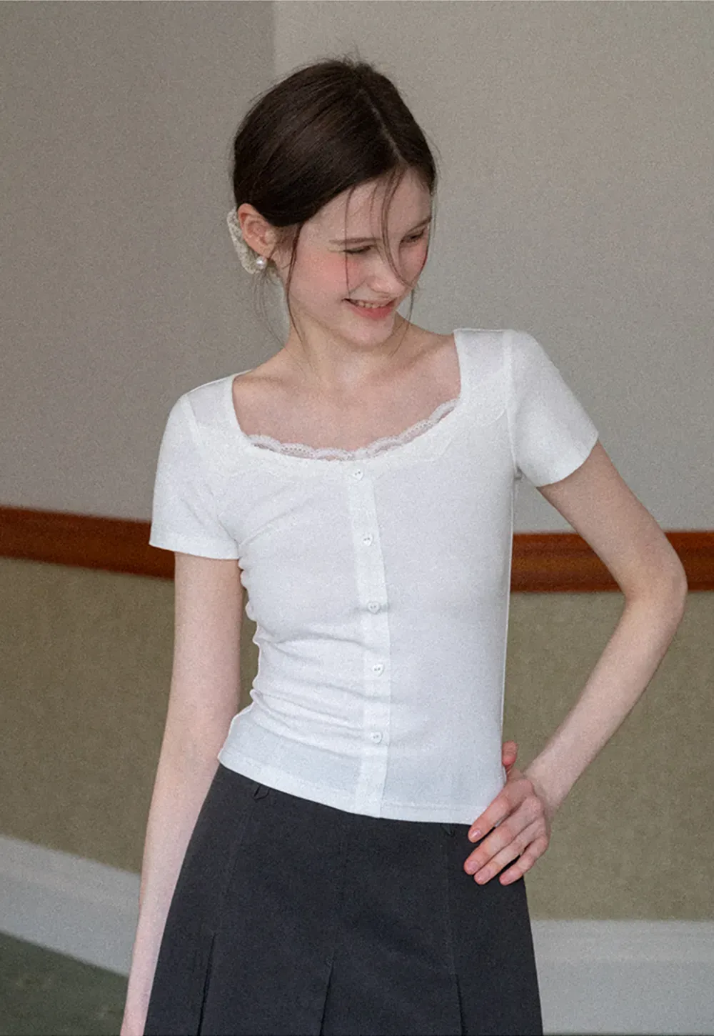 Short Sleeve Button Front Top with Lace Trim