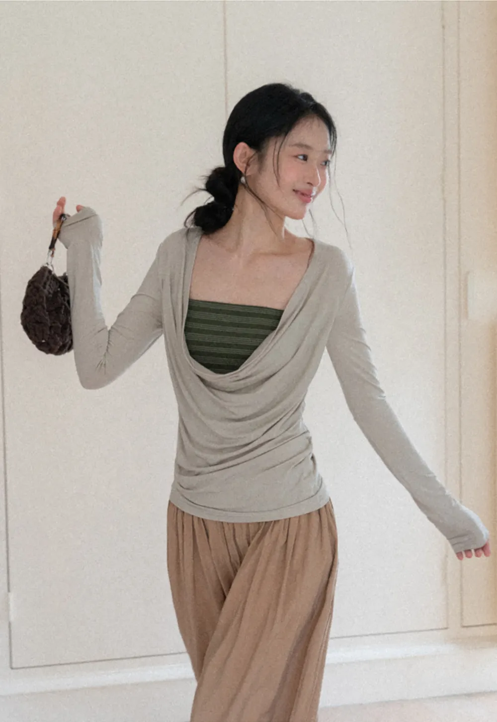 Long sleeve draped neckline top with square cutout