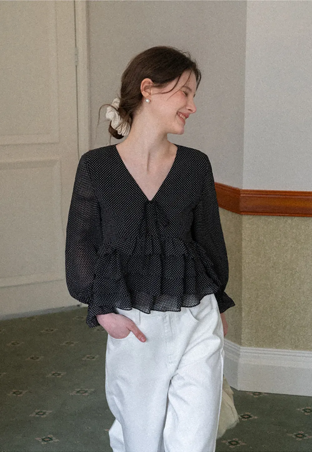 Polka Dot Sheer Blouse with Ruffled Hem and Tie Neck