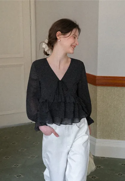 Polka Dot Sheer Blouse with Ruffled Hem and Tie Neck
