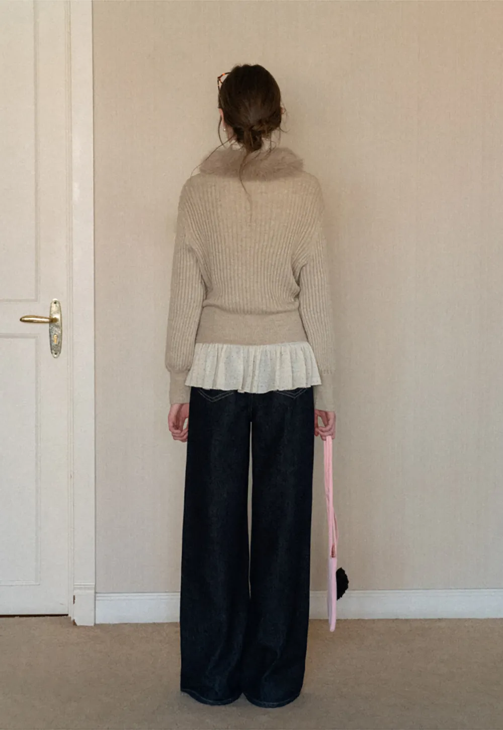 Ribbed knit sweater with fur collar detail