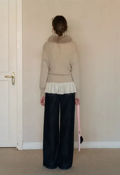 Ribbed knit sweater with fur collar detail