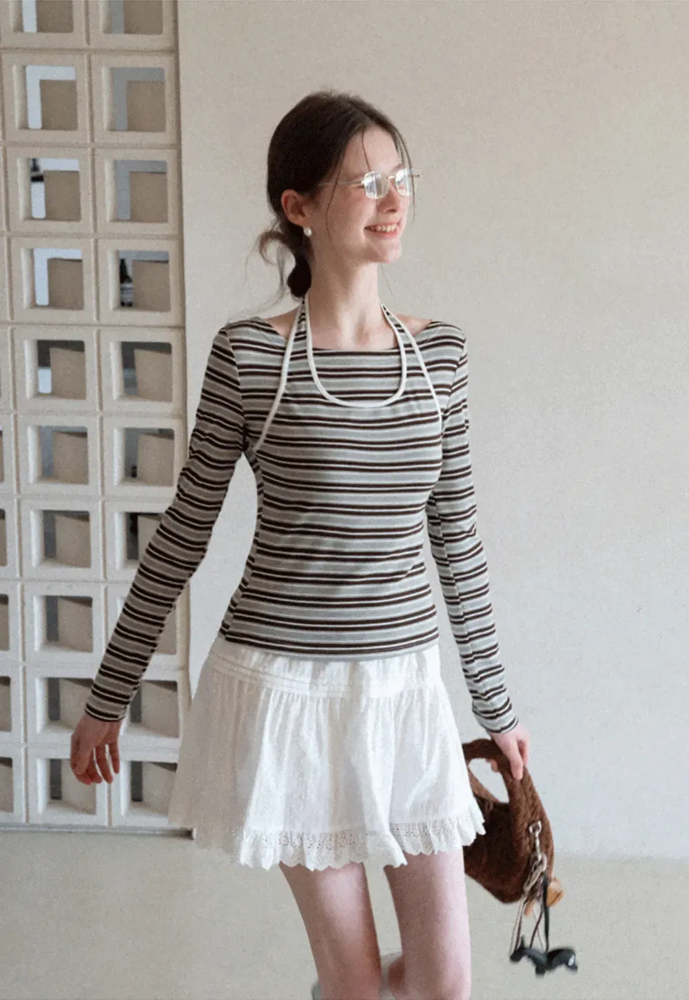 Long sleeve striped top with halter neck detail