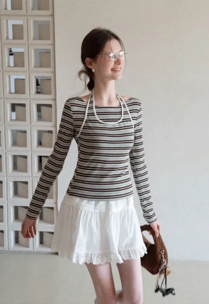 Long sleeve striped top with halter neck detail