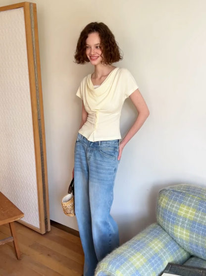 Cowl Neck Button Front Short Sleeve Tshirt