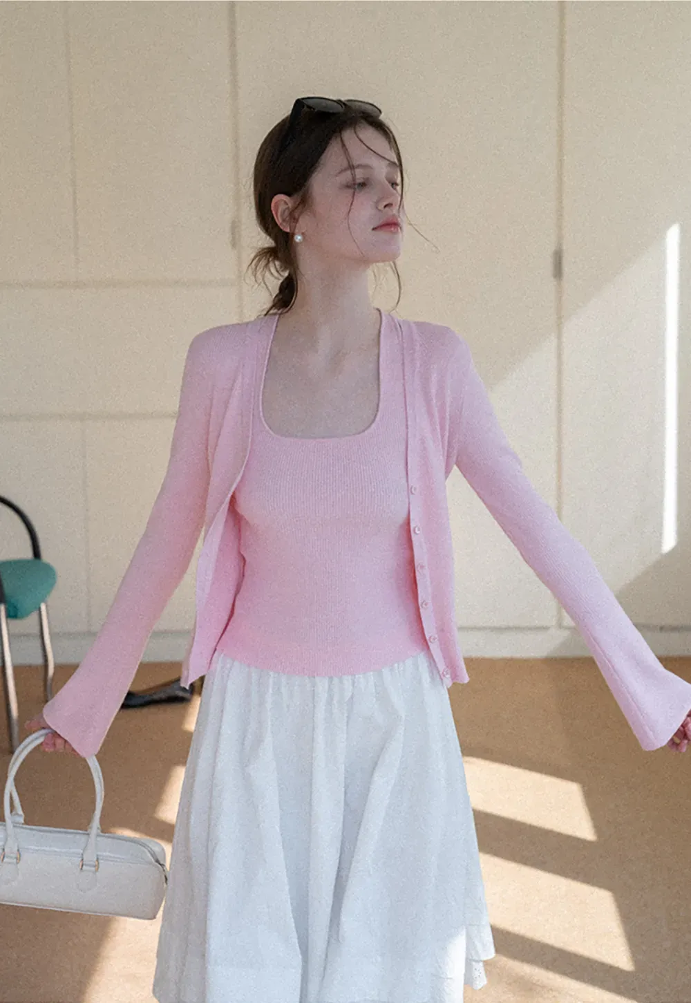 Light Knit Sweater Set with Tank Top and Cardigan Design