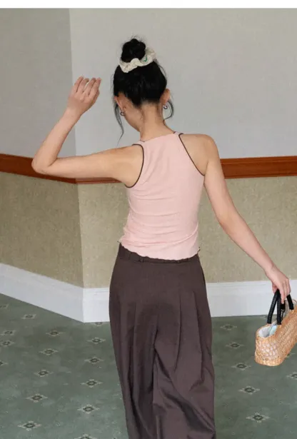 Halter neck tank top with thin straps and bow detail