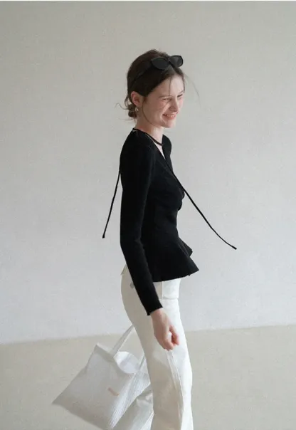 Long sleeve wrap knit sweater with ruched detail