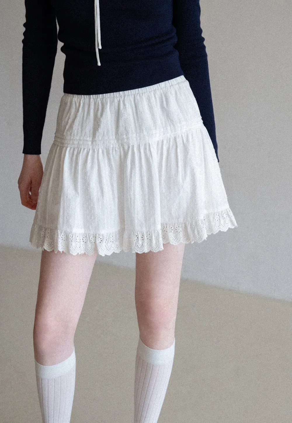 Eyelet Trimmed Tiered Skirt with Ruffled Hem