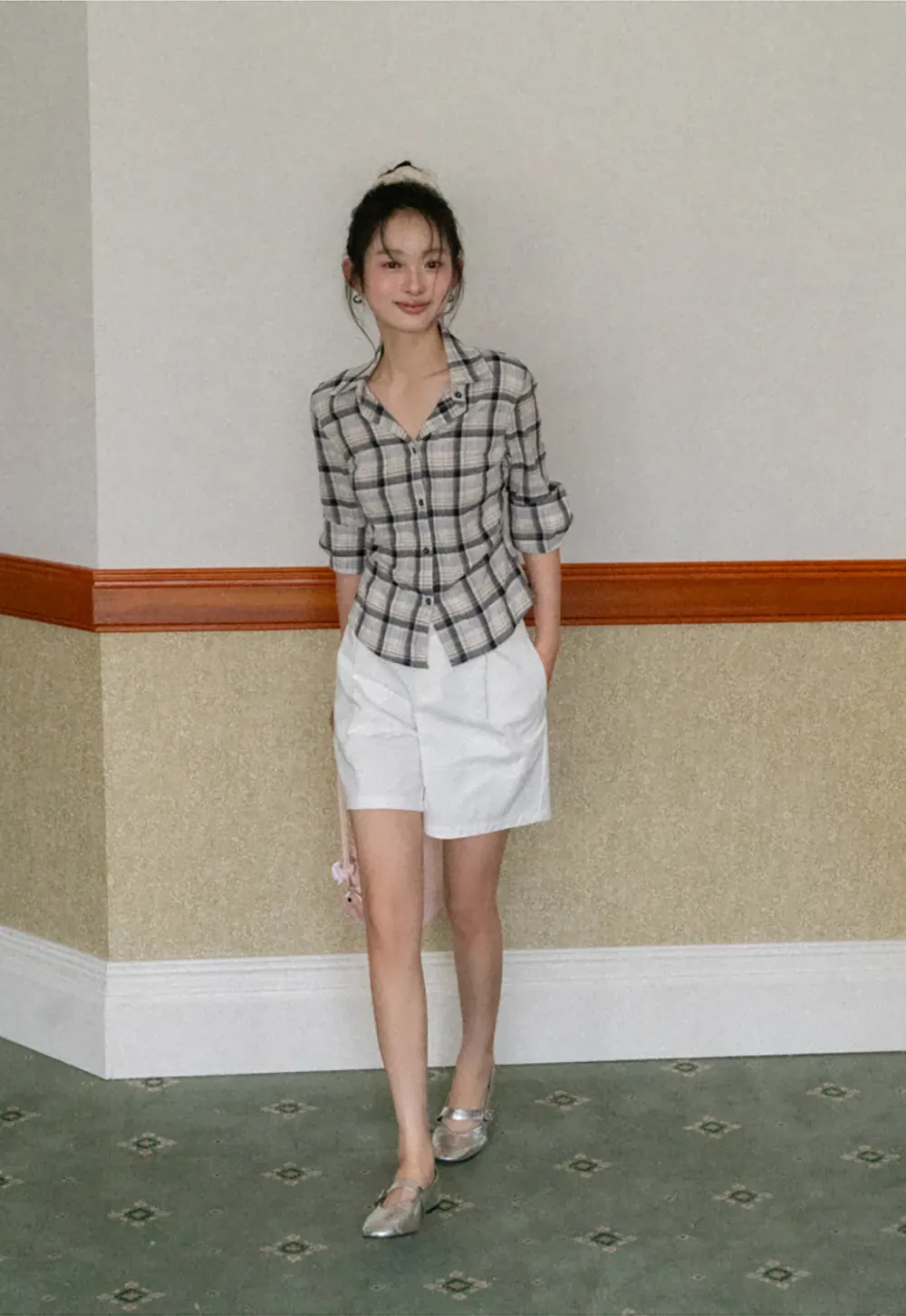 Plaid Shirt with Rolled Sleeves and Button Front