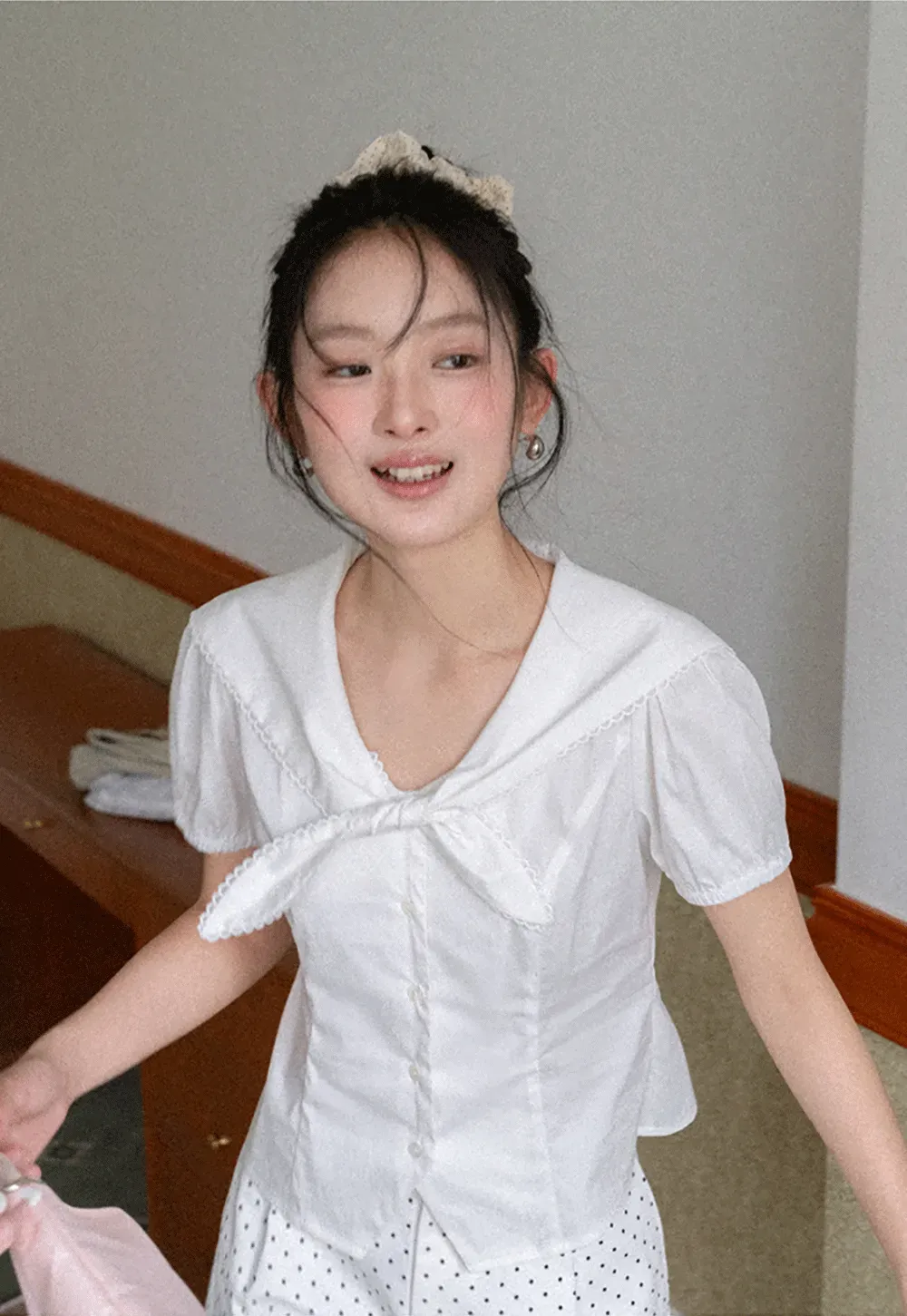 Short Sleeve Shirt with Collar and Bow Detail