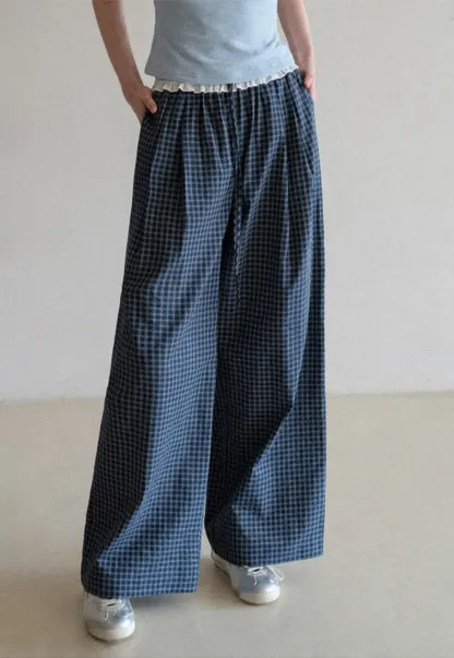 Wide Leg Plaid Casual Pants with Ruffled Waistband
