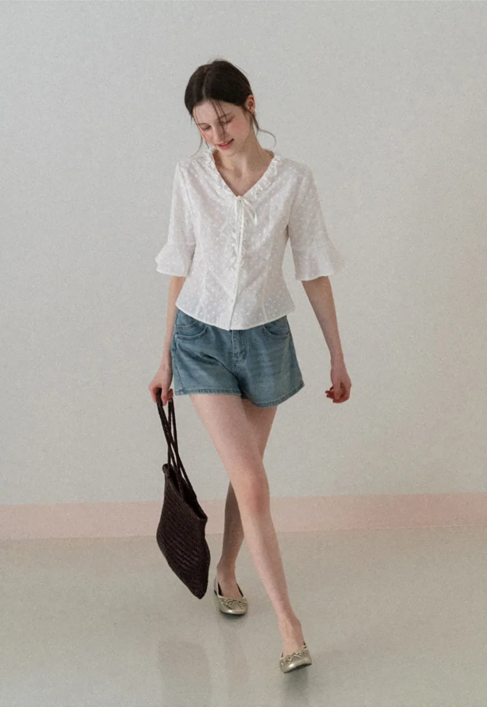 V neck blouse with lace trim and tie front