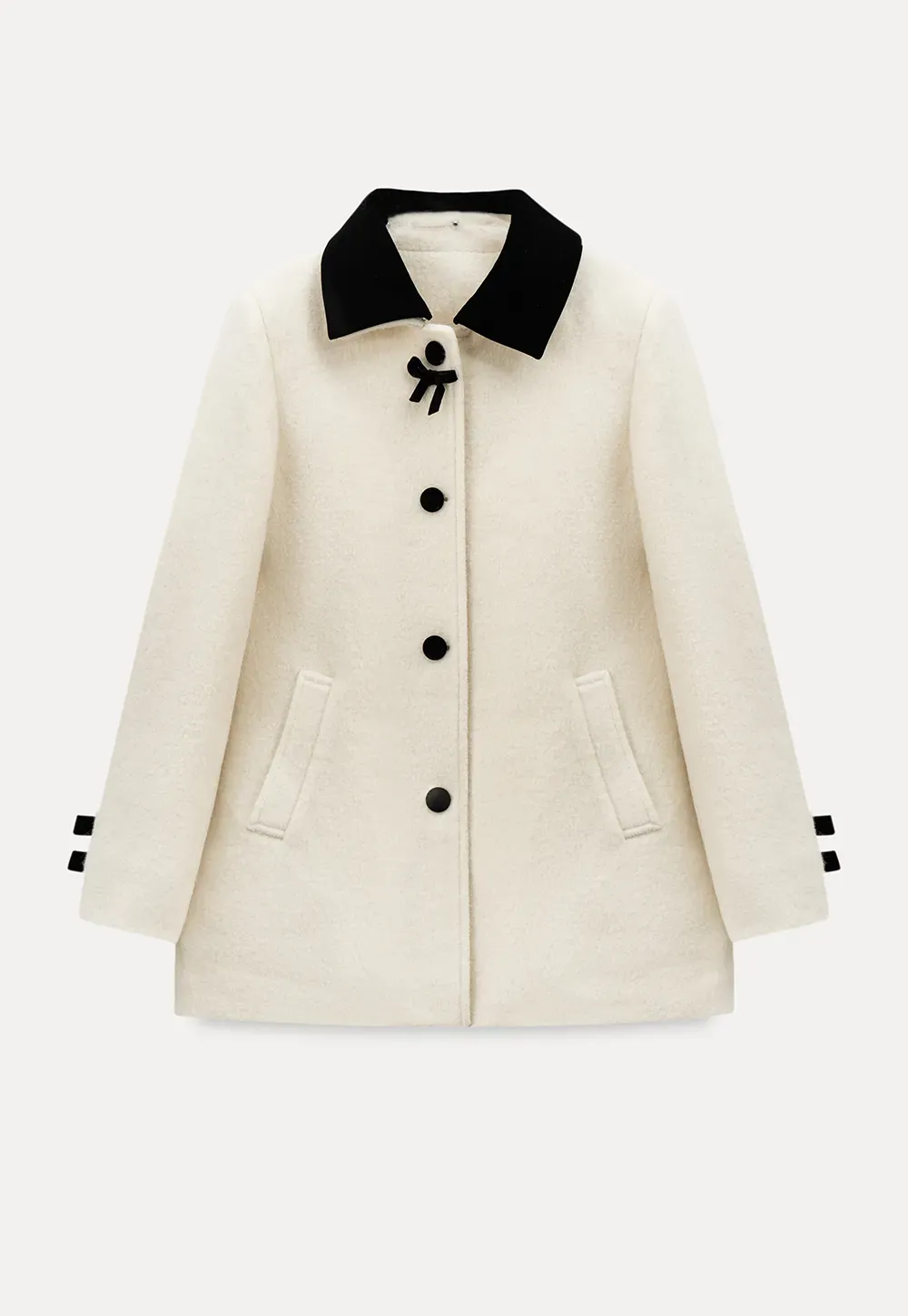 Elegant Wool Coat with Bow Detail and Contrasting Collar