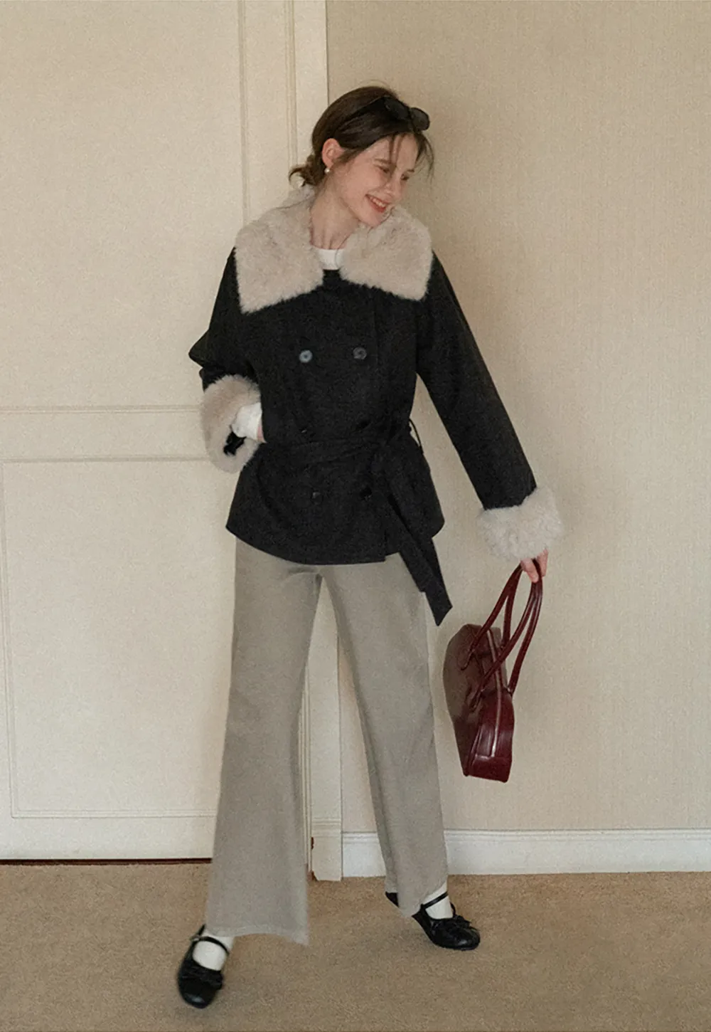 Wool Coat with Fur Collar and Cuff Belted Design