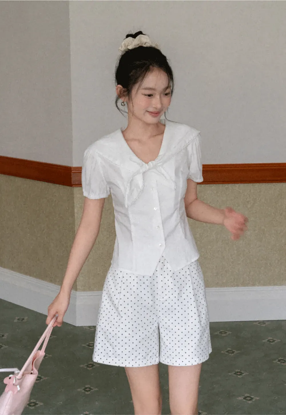 Short Sleeve Shirt with Collar and Bow Detail