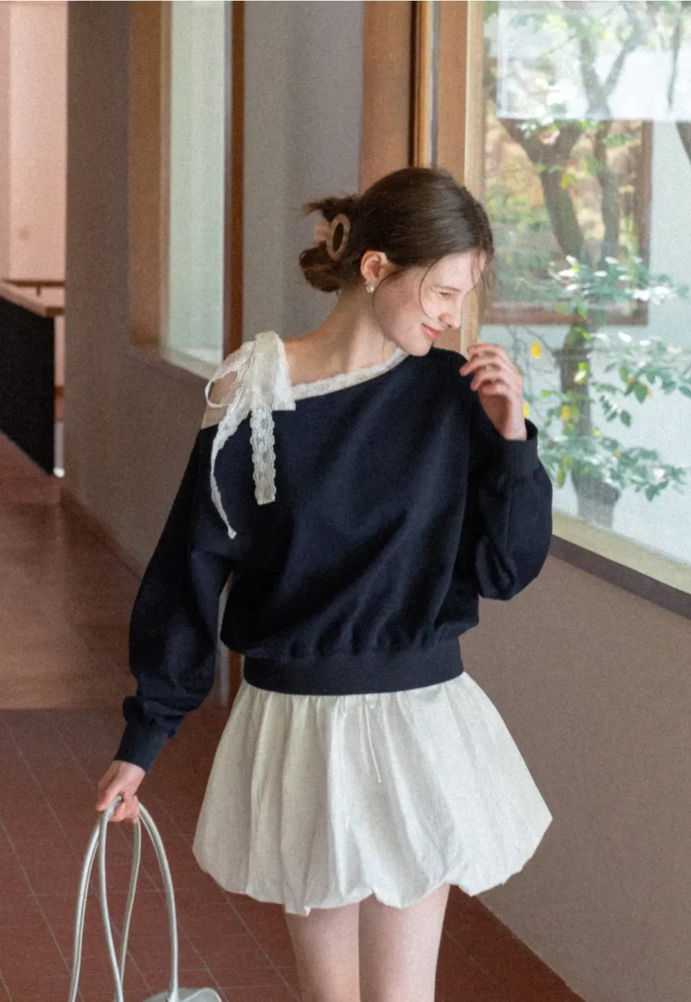 Off shoulder sweatshirt with lace trim detail