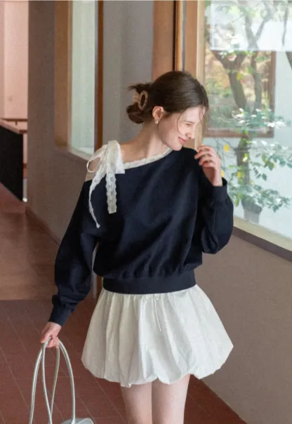 Off shoulder sweatshirt with lace trim detail