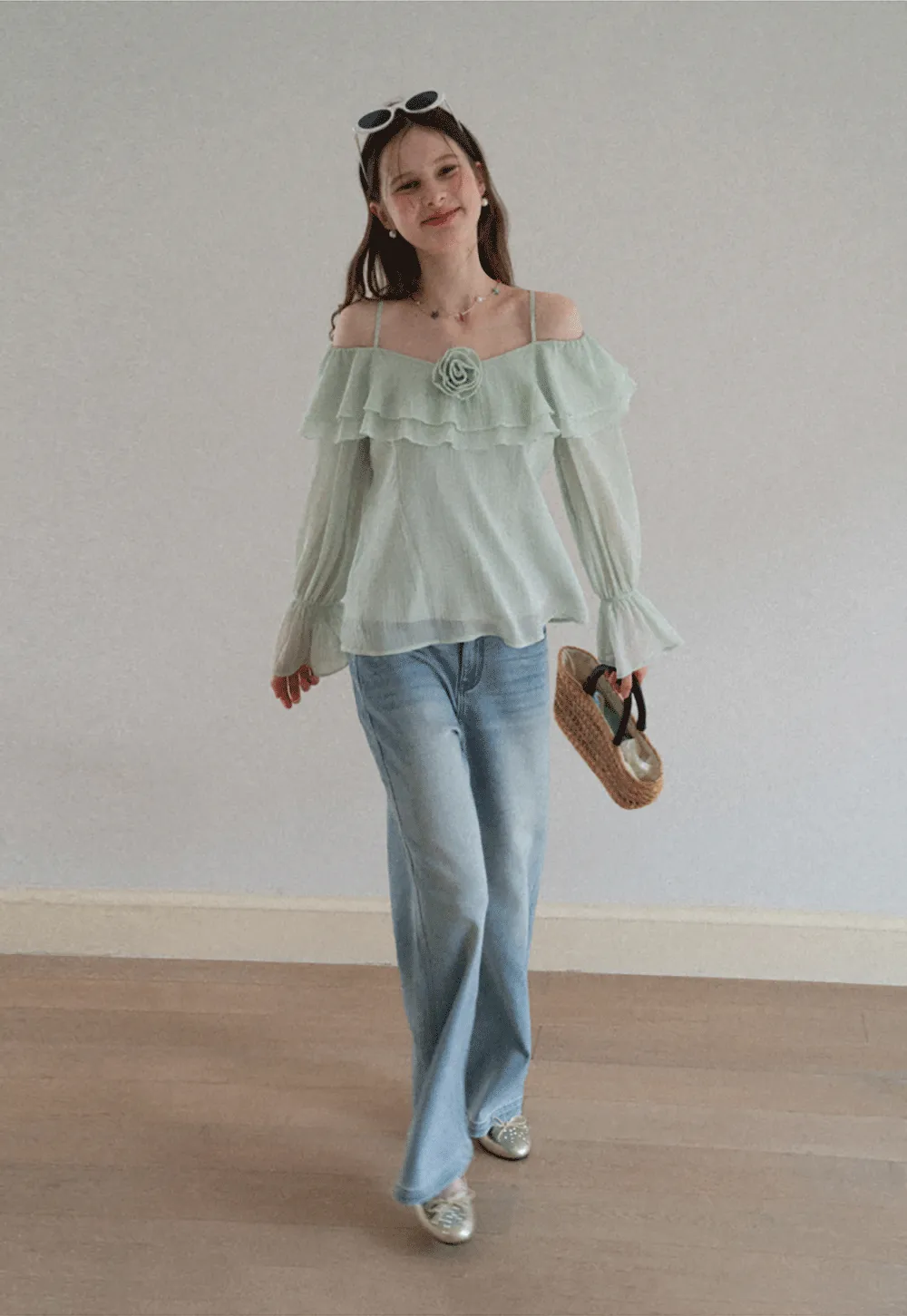 Off Shoulder Blouse with Ruffled Layers and Floral Embellishment