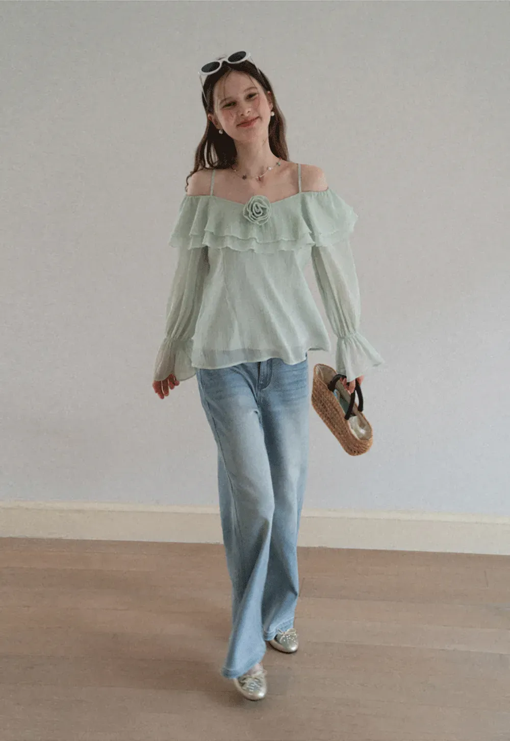 Off Shoulder Blouse with Ruffled Layers and Floral Embellishment