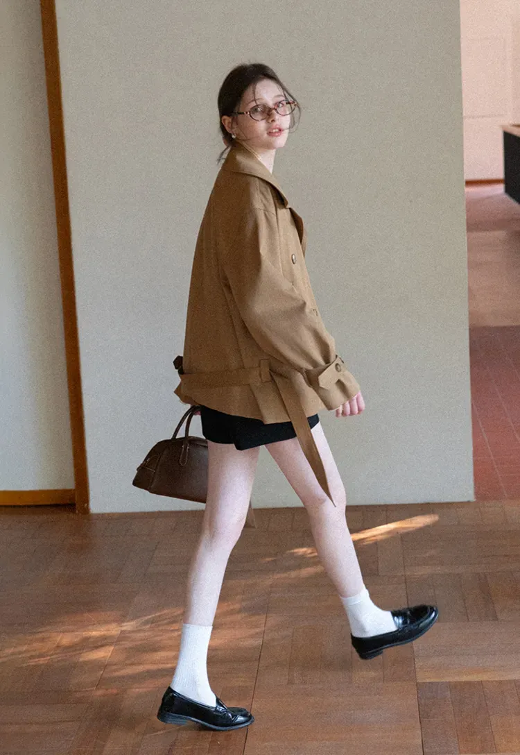 Double Breasted Short Jacket with Belted Waist