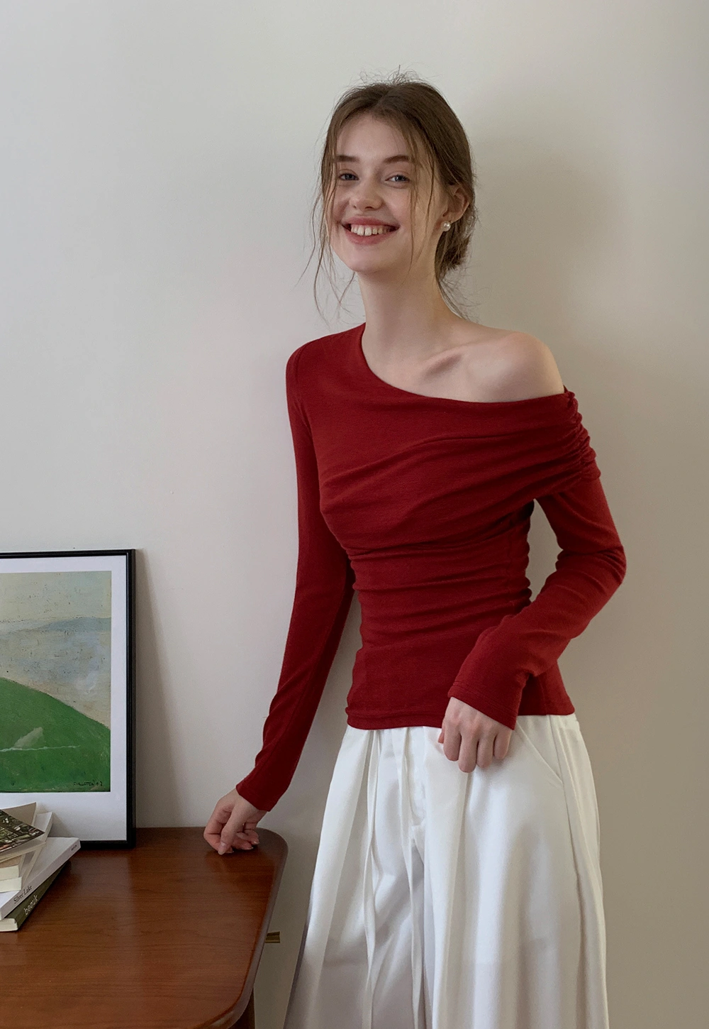 Ruched One‑Shoulder Long Sleeve Knit Top