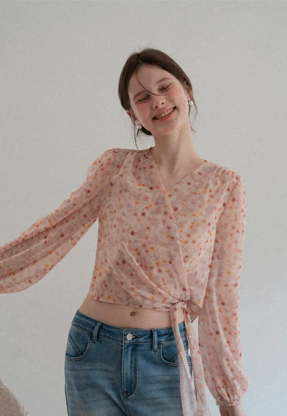 Lace Chiffon Wrap Blouse with Long Sleeves