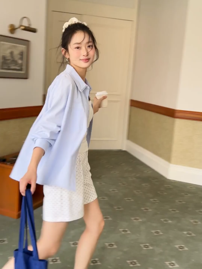 Lightweight long sleeve button front shirt with lace trim