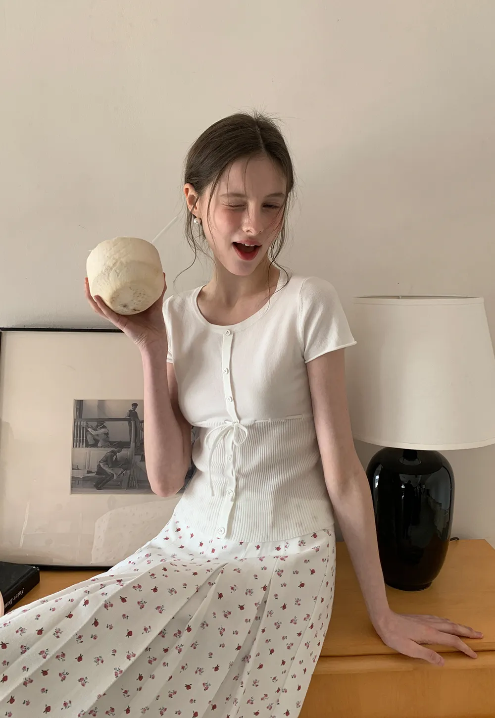 Short Sleeve Knit Cardigan with Front Buttons and Waist Tie