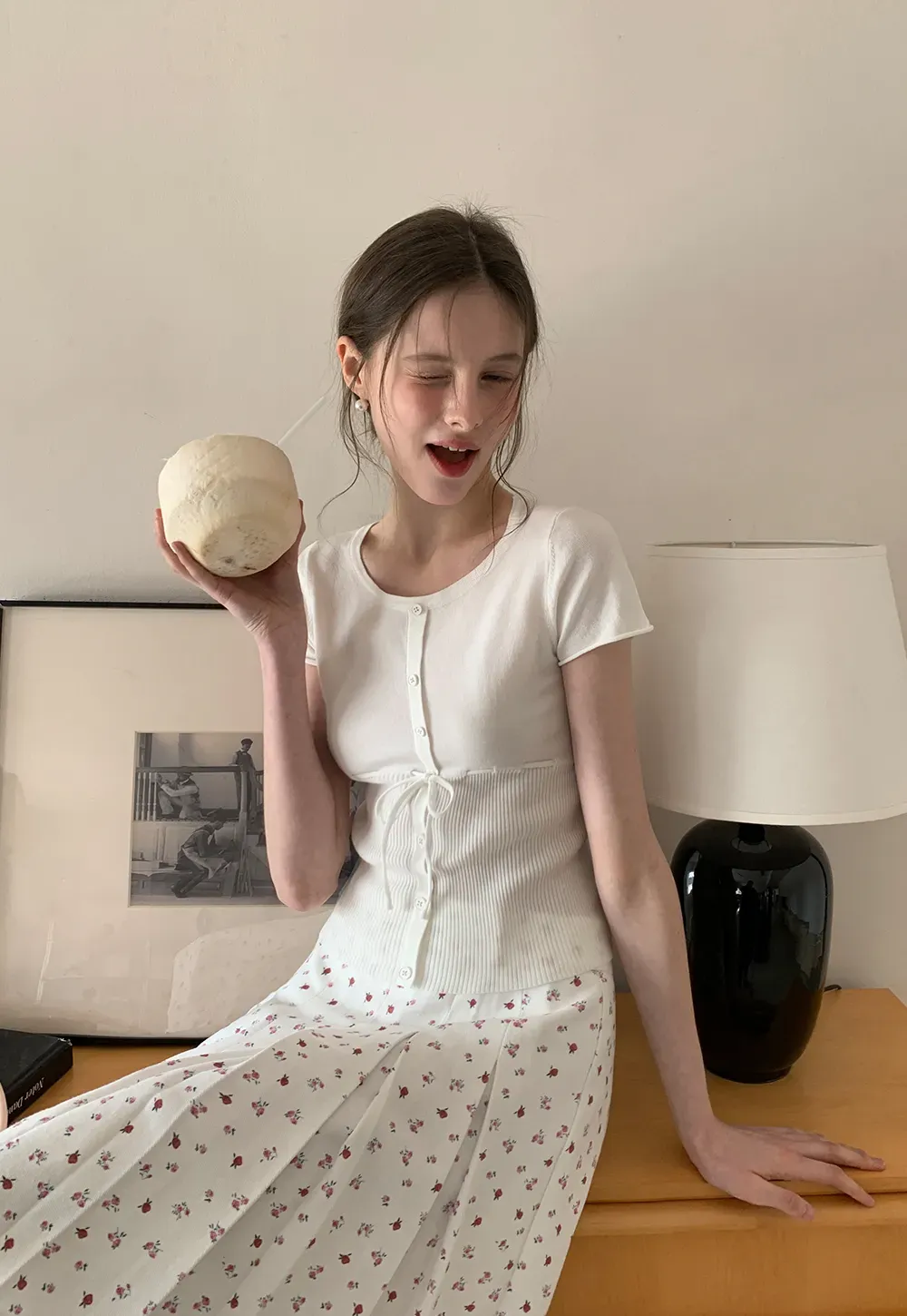 Short Sleeve Knit Cardigan with Front Buttons and Waist Tie