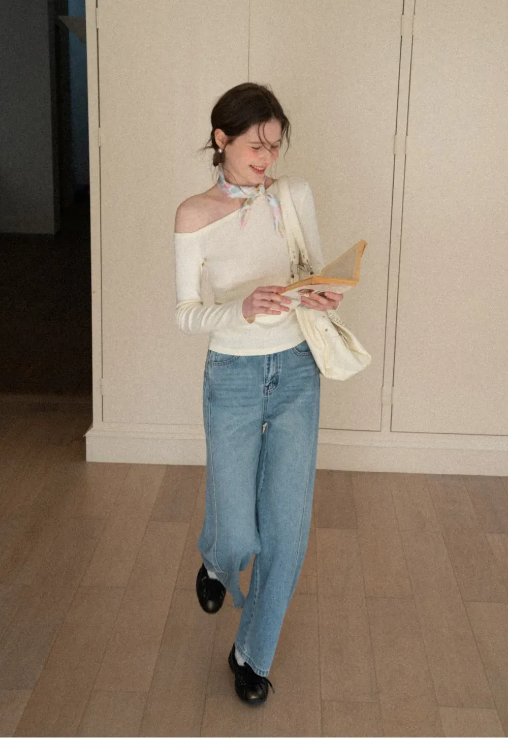 Asymmetrical long sleeve off shoulder top