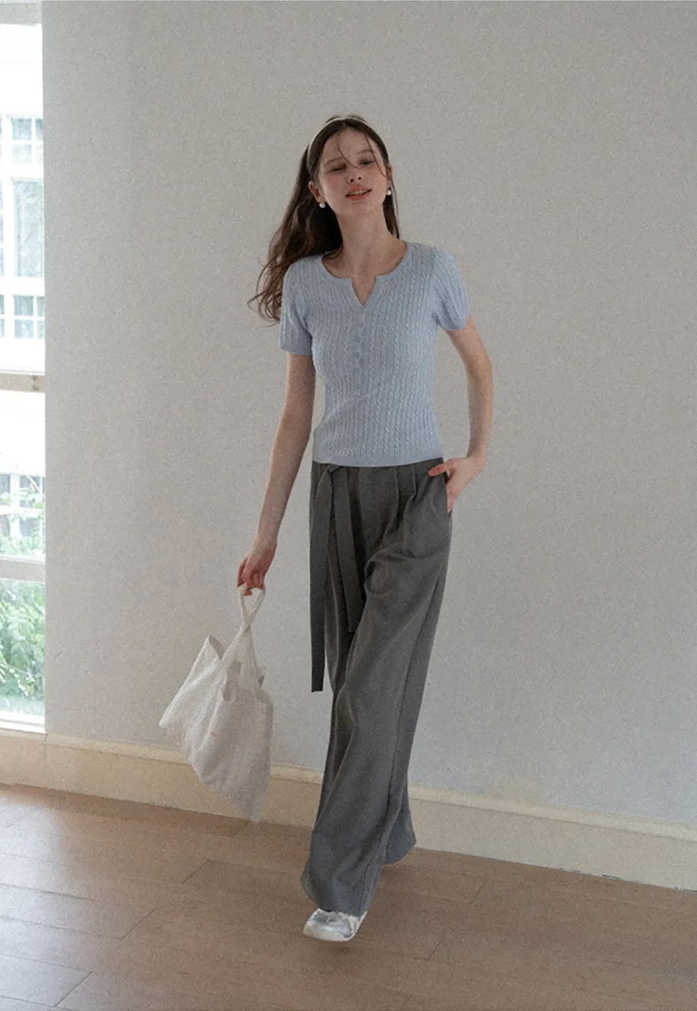 Wide leg casual pants with waist tie
