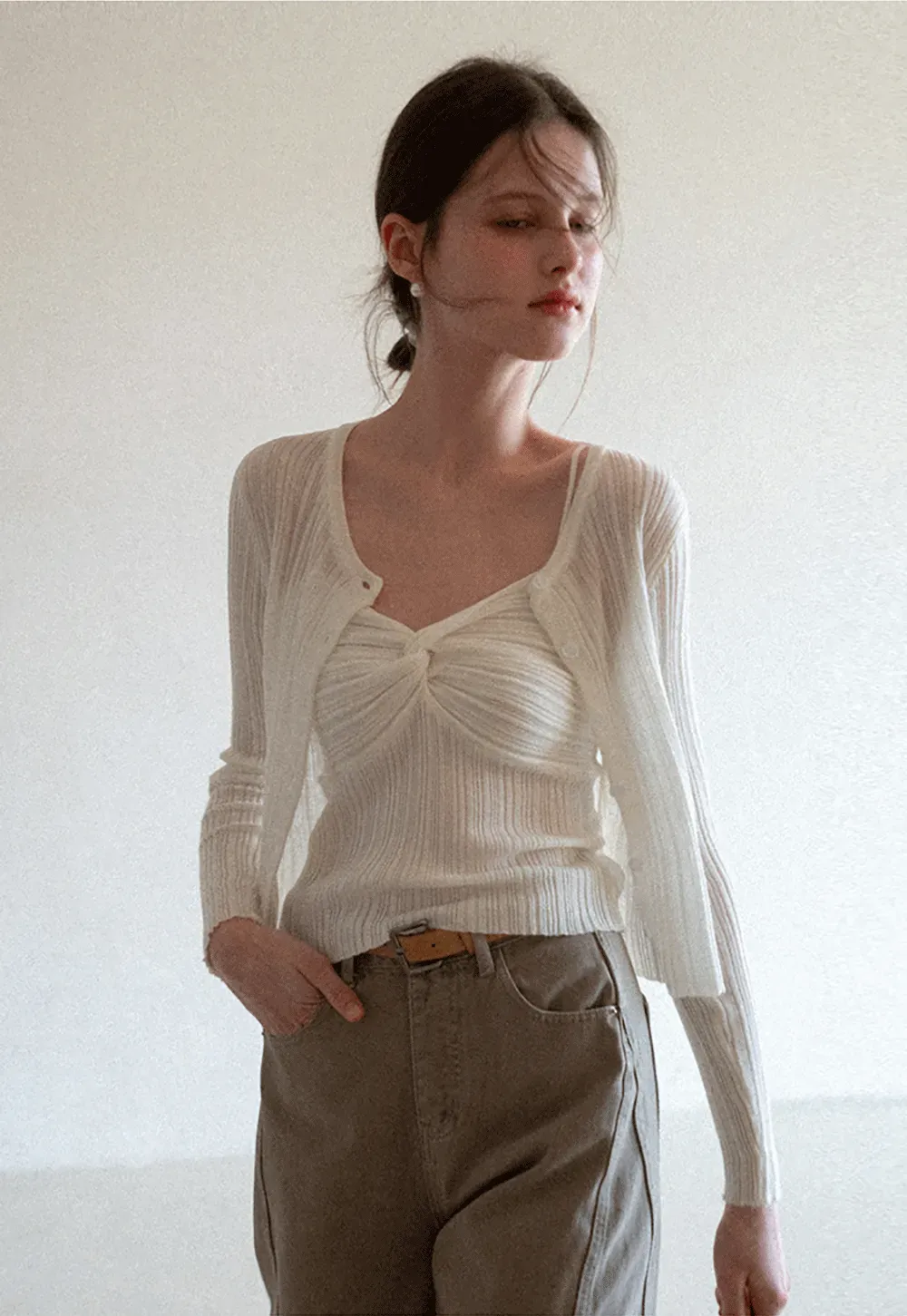 Ribbed knit sweater with V neckline and long sleeves